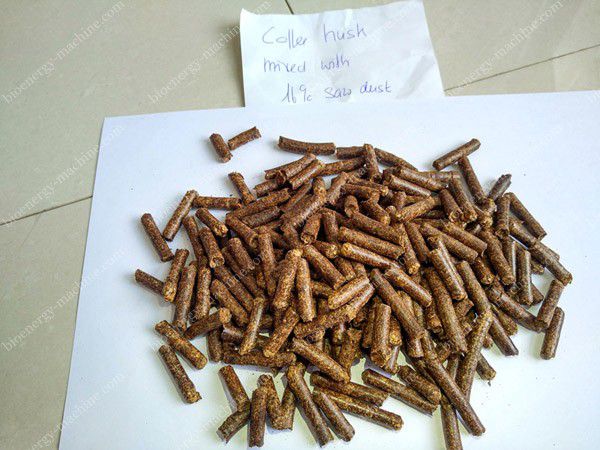Pellets made from coffee husk mixed with 10 percent sawdust
